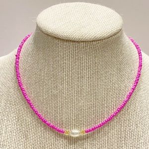 Handmade natural fresh water Pearl and pink glass seed beads necklace